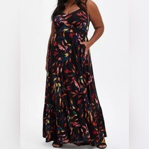 Torrid Maxi Super Soft Tiered Dress Black Floral Print